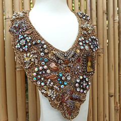 Bib V Necklace Recycled Assembly Jewelry OOAK Vintage Artisan Knitted Art Gift