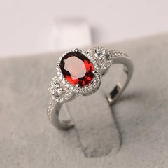 Oval Cut Red Garnet 925 Sterling Silver Art Deco Wedding and Engagement Ring