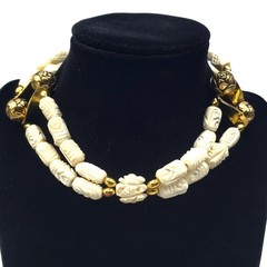 Acrylic Carved Off White Beaded Choker Necklace Brass Tribal Boho Ethnic Rose
