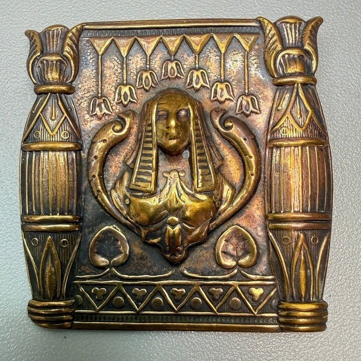 Vintage Egyptian Revival Brooch Art Nouveau Sphinx Goddess Brass Tone