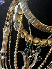 1980’s Chic Runway Statement Gold Tone 6pc Necklace Lot Green rhinestone Chunky