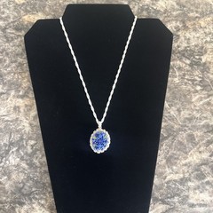 Vintage Hand Beaded Floral Cluster Pendant Necklace Blue & White Glass Seed Bead