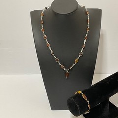 VtgGenuine Honey Cognac Amber Nugget Wire Wrapped Pendant Necklace Bracelet Set