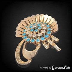 Vintage Anthony Aqua Blue & Clear Rhinestone Fan Spray Gold Tone Brooch