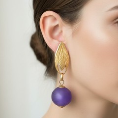 Vintage Chunky Leaf Clip On Earrings Brushed Gold Frosted Purple 80s 1980s BinBK