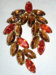 Large Vintage Rhinestone Brooch Fall Color Navette Topaz Glass Orange Crystal