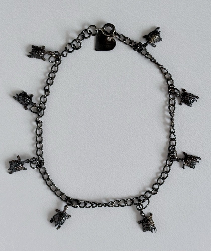 Vintage 925 Sterling Silver Dangling Tiny Turtle Charms Chain Link Bracelet 7.5”