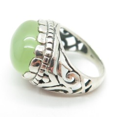 925 Sterling Silver Vintage Real Cabochon Prehnite Ornate Ring Size 6.75
