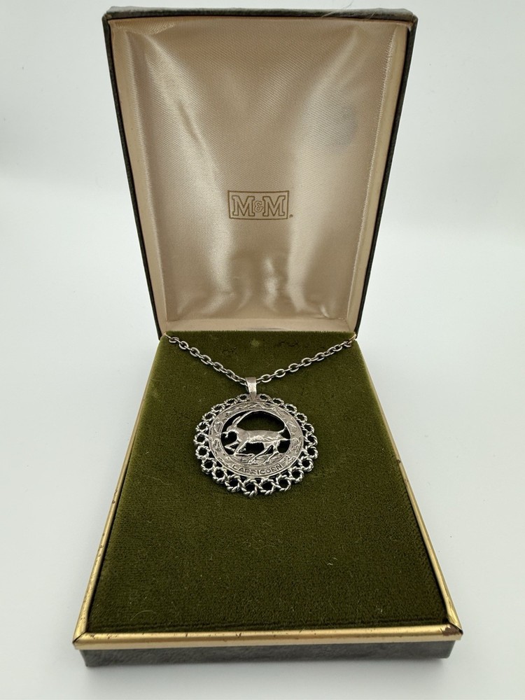 Vintage Sterling Silver Capricorn Pendant Necklace 1960-1970 M&M Original Box