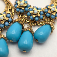 Vintage Moroccan Style Filigree Drop Earrings Blue Bead Gold Tone Dangle 3.5 in