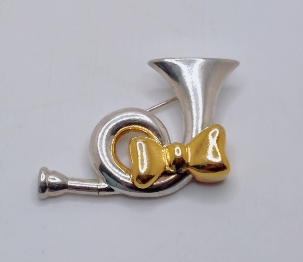Vintage French Horn Bugle Brooch Instrument Music Silver Tone Gold Tone Bow