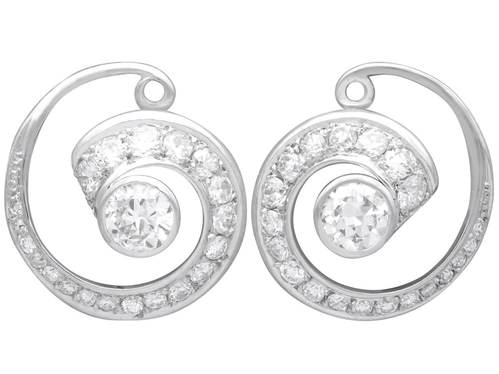 Vintage 1.70Ct Diamond and 14k White Gold Twirl Earrings Circa 1940