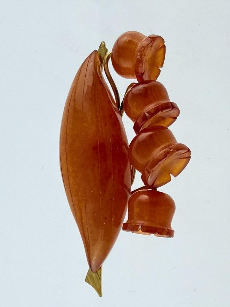 Vintage Russian Amber Factory Lily Of The Valley Carved Baltic Amber Pin Brooch