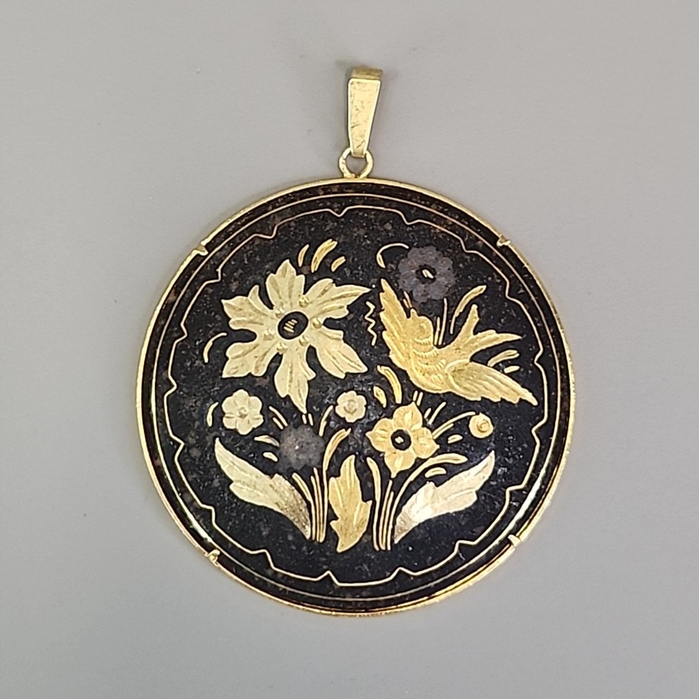 Vintage Damascene Pendant Flowers Birds Round Domed Black Gold Tone 2″