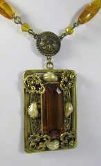 Old Czechoslovakia Art Glass Amber&Brass Beaded Necklace Large Filigree Pendant