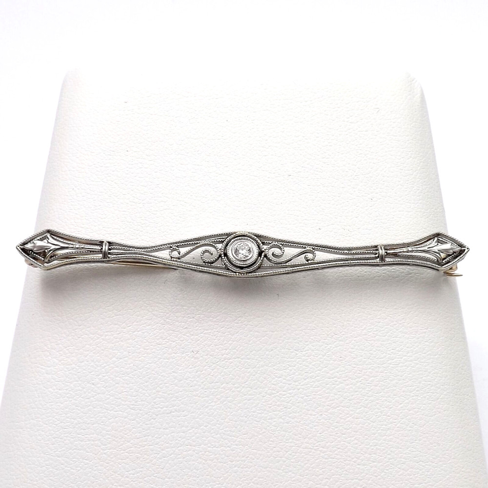 Art Deco 14k Gold Natural Diamond Filigree Bar Brooch Pin Two Tone