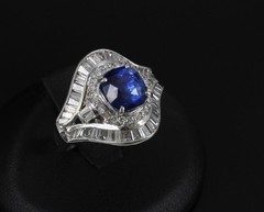 Vintage 3.0ct GIA Ceylon Blue Sapphire & 1.10ct Diamond Platinum Ring, Size 6