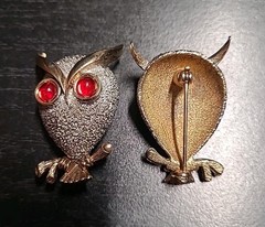 Vintage Red Cabochon Rhinestone Owl Brooch Silver Tone Lot Of 2