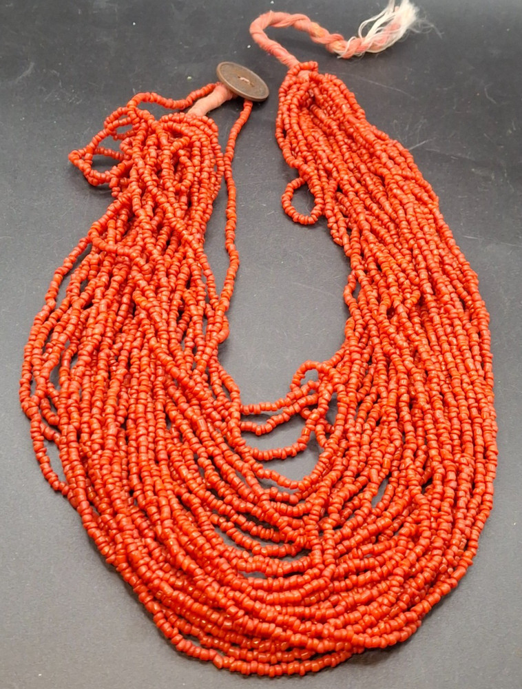 Vintage Red Coral Multi Strand Necklace India Ethnic Silver Coin Clasp Chunky