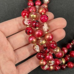 Vintage Red Pink Acrylic Triple Strand Beaded Necklace 20” Broken Clasp