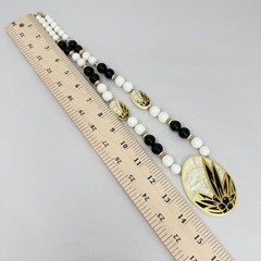 Vintage Japan Beaded Necklace Black White Gold Leaf Pendant Mid Century Modern