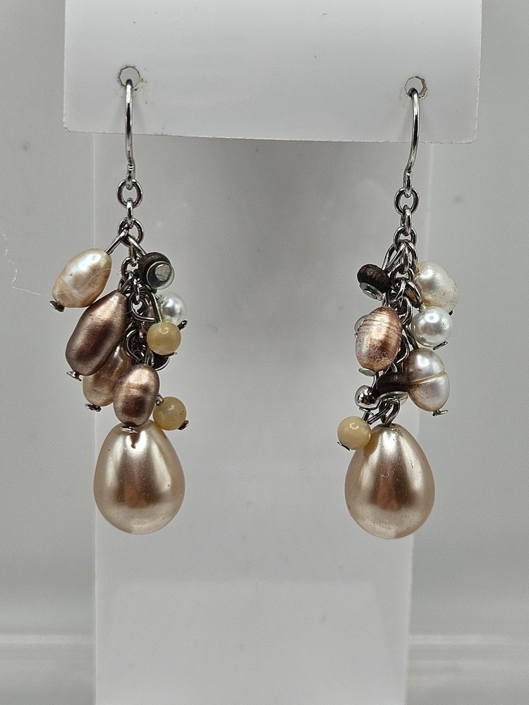 VINTAGE Mixed Color Freshwater Pearl Cluster Dangle Drop Earrings French Wire