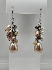 VINTAGE Mixed Color Freshwater Pearl Cluster Dangle Drop Earrings French Wire
