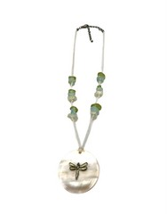 Dragonfly Pendant Abalone MOP Shell Choker Necklace Sea Glass White Green Blue