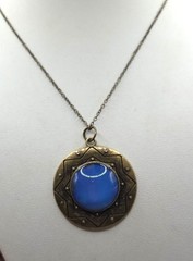 Antique Brass Look Necklace With Blue Glass Stone Pendant On Chain