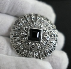 2 Vtg Brooches Silver Tone Crystals and Rhinestones Blue, Clear & Black Sparkle