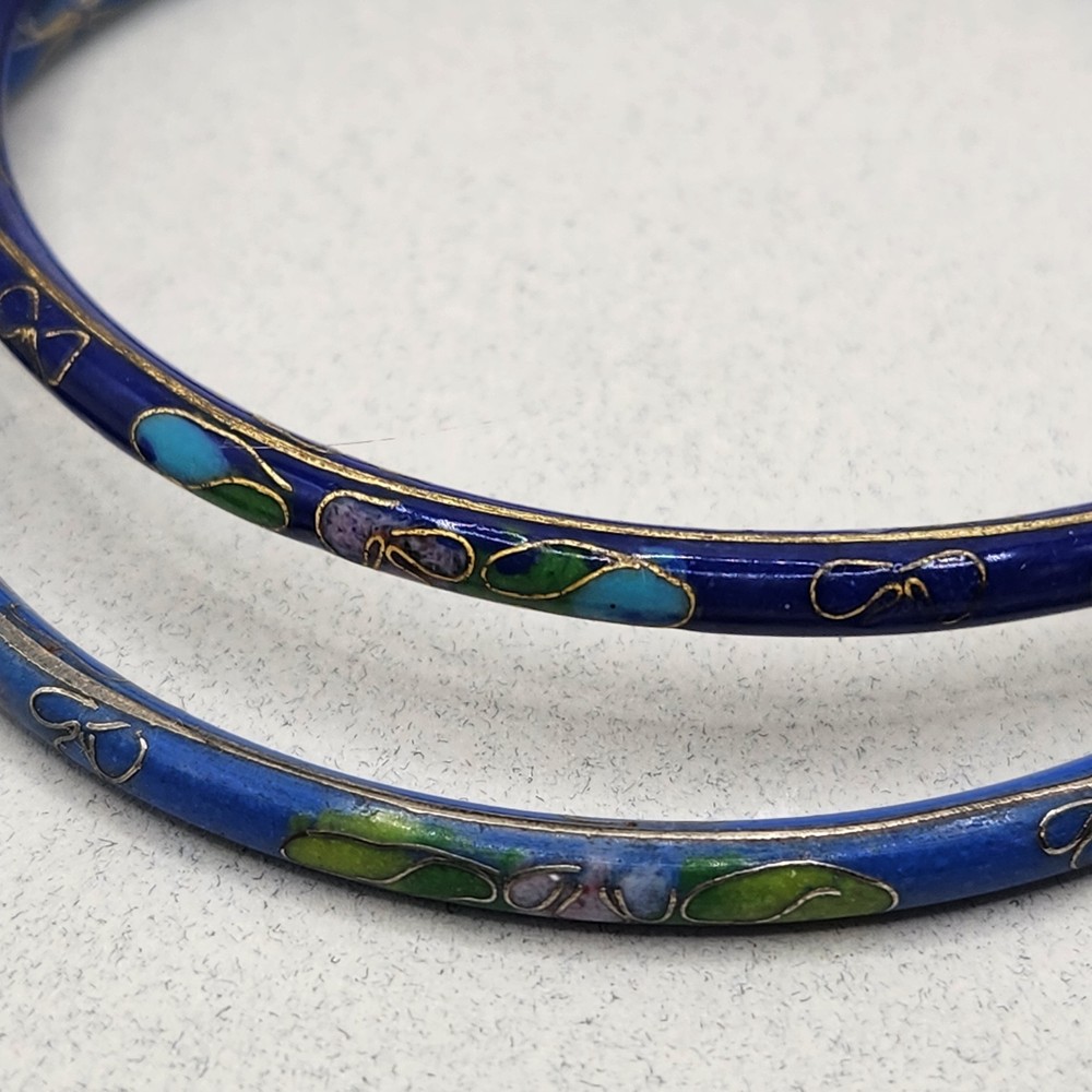 2 Cloisonne Bangle Bracelets 3″×1/8″ Blue