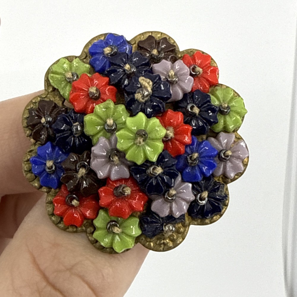 Vtg 1940s Miriam Haskell Brooch Wired Lucite Flower Filagree Pin 1.5″ Colorful