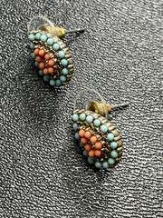 Vintage Small Blue & Orange Lucite Gold Tone Metal Earrings