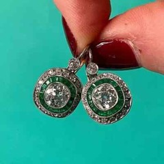 14K White Gold Finish At Deco Style Lab Created Diamond & Emerald Drop Earring
