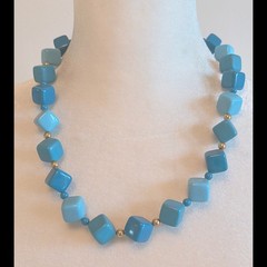 Vintage Teal Blue Acrylic Chunky Square Geometric Bead Collar Necklace
