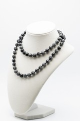 Vintage Snowflake Obsidian Bead Necklace Long Knotted Black Gray Stone Strand