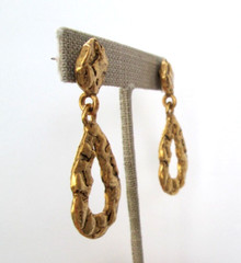 Textured Brutalist Dangle Drop Hoop Earrings Gold Tone Stud 2″