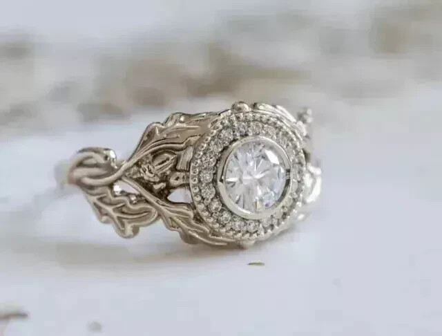 Art Deco Round Cut lab Created Diamond Halo 925 Silver Wedding Engagement Ring