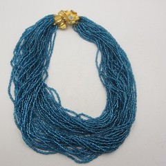 Vtg Glass Sead Bead Necklace Rhinestone Clasp Blue Multistrand Gold Tone 15 Inch