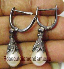 NEW ARTDECO VINTAGE 0.68ct ANTIQUE ROSE CUT DIAMOND SILVER PEARL DANGLE EARRINGS