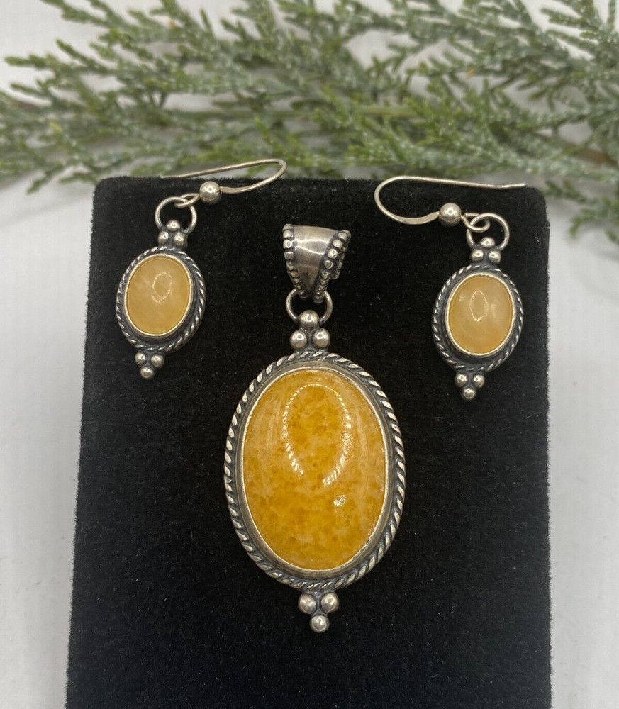 Vintage Sally Treasures, sterling, southwestern, amber pendant & earrings set