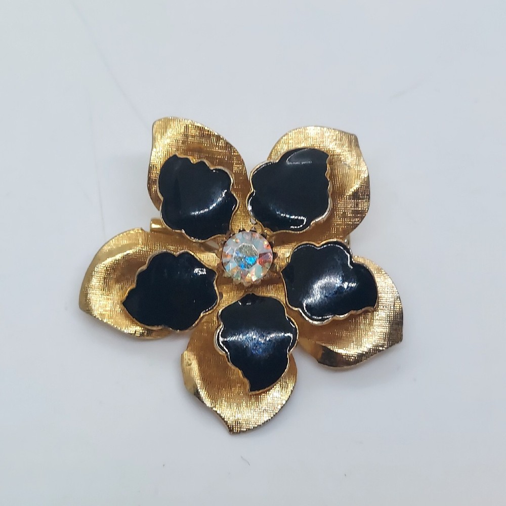 Vintage Gold Tone Black Enamel Flower Brooch With Aurora Borealis Rhinestone