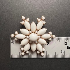 Vintage Milk Glass Brooch Gold Tone White Snowflake Mid Century Domed Large 2.5″