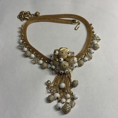 Vintage High End White Cream Clear Beads AB Rhinestone Gold Tone Mesh Necklace