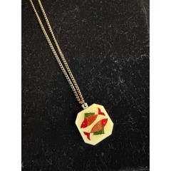 Vintage Japan Enamel Twin Fish Pendant Necklace Pisces Jewelry Lucite Koi 60s