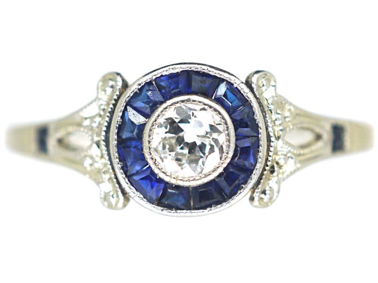 Art Deco 2CT Lab-Created Diamond Halo Sapphire Wedding 14K WhiteGold Finish Ring