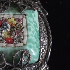 Antique Silver Tone Millefiori Micromosaic Brooch Pin Green Rhinestones Art Deco