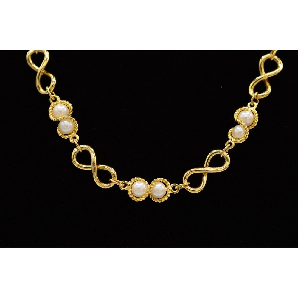 Vintage Pearl Station Necklace White Beaded Chain Gold Tone Linked 1980s Bin2