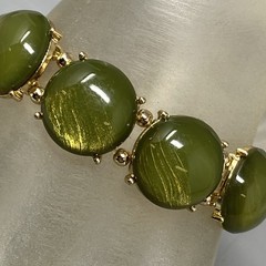 Olive Stretch Bracelet Acrylic Cabochons Gold Tone Sheen Metal Chunky Retro 7″