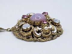 Vtg West Germany Filigree Pendant Necklace Pink Faux Opal Rhinestone Pearl